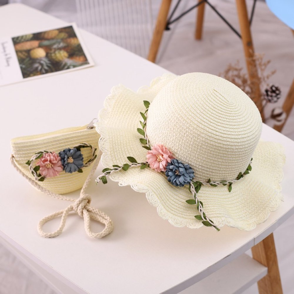 Girls Sun Straw Hat Set, Beach Hat with Shoulder Bag( age 4-11 years old)